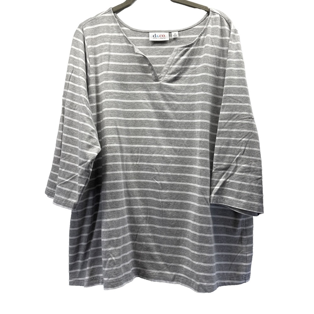 Denim & Co Women's Top Size 1X Plus Gray White Stripe V Neck 3/4 Sleeve Pullover